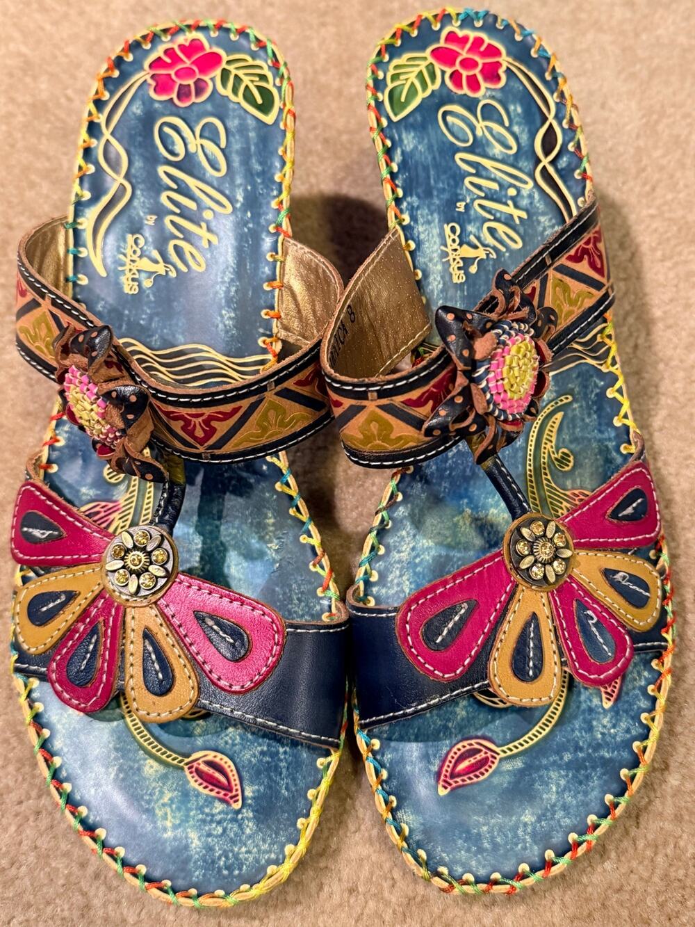 Elite by Corkys Jamaica Women’s Blue Leather Floral Wedge Heel Sandals Size 8